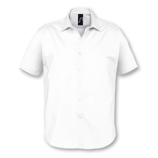 A white button-up shirt with short sleeves and a branding logo on the collar.
