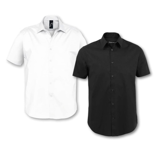 A button-up shirt set featuring one white and one black short sleeve shirt, both with collars and buttons.