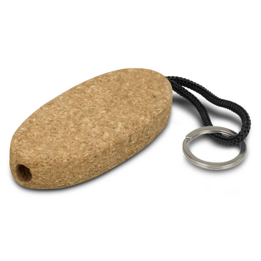 A cork key ring with a black strap and metal keyring, featuring an oval shape and natural colour.
