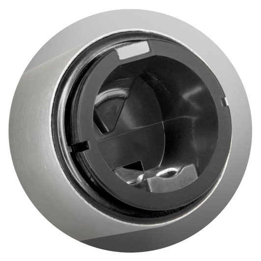 A drink bottle opener in silver and black, featuring a circular design and an internal mechanism for opening bottles.