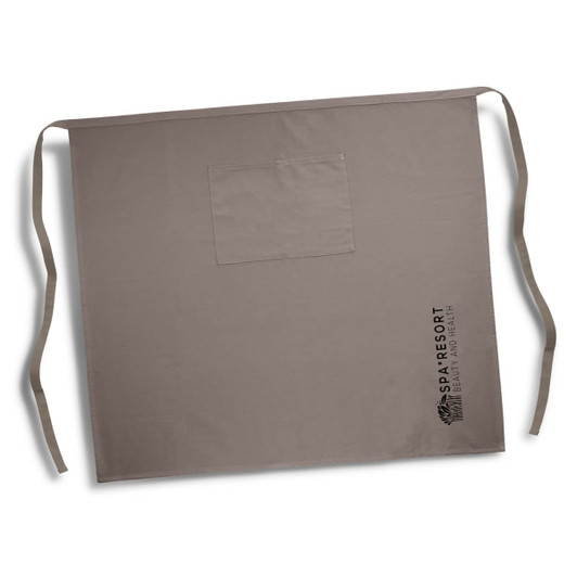 A full-length waist apron in taupe with a pocket and a logo on the side. Suitable for workwear use.
