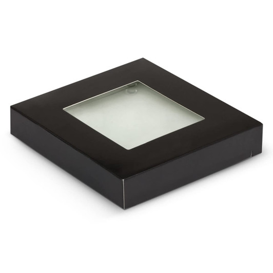 A square black box containing a clear glass coaster set. The box has a transparent window.