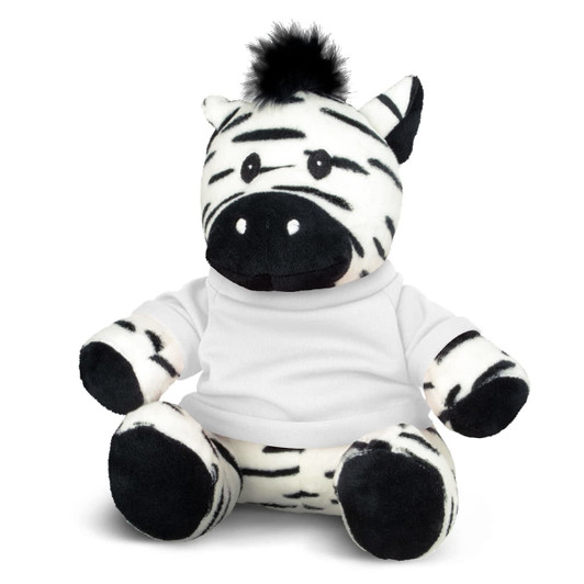 A plush zebra toy in black and white, featuring a white shirt and a tuft of black fur on its head.