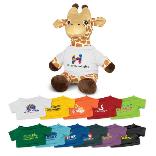 A plush giraffe toy in brown and cream, wearing a branded white shirt with various small colourful t-shirts below.