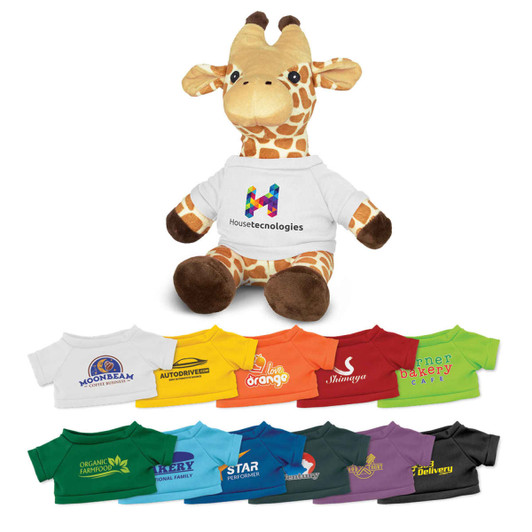 A giraffe plush toy in brown and yellow, wearing a white shirt featuring a logo, with various colourful shirts displayed below.