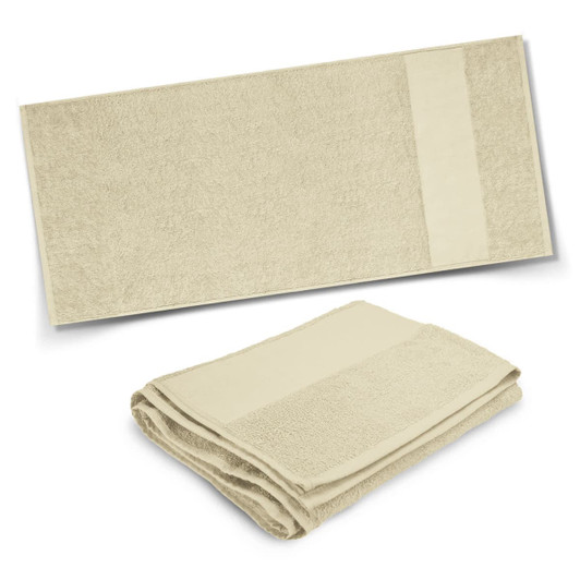 A beige towel set featuring a folded towel and a longer towel, with a simple design and a logo.