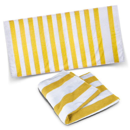 A striped beach towel featuring alternating yellow and white stripes, folded and laid flat. It has a logo.