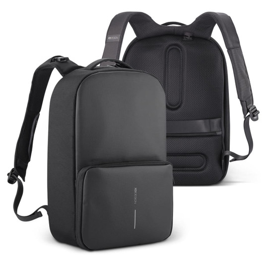 A black gym bag with a sleek design, featuring shoulder straps and a front pocket. The bag also includes a logo.