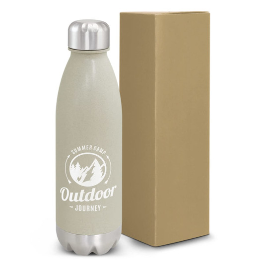 A drink bottle in a pale grey colour with a stainless steel lid, accompanied by a simple brown box.