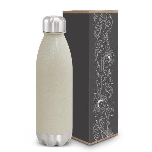 A drink bottle in natural beige with a stainless steel cap, accompanied by a decorative box featuring intricate designs.