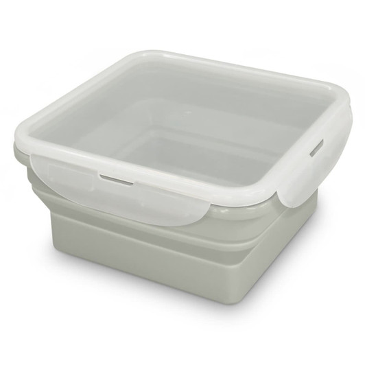 A grey collapsible lunch box with a clear lid, featuring a logo on the side.