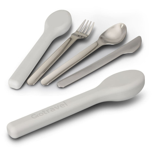 A travel cutlery set featuring grey handles and stainless steel utensils: a fork, spoon, knife, and a larger spoon.