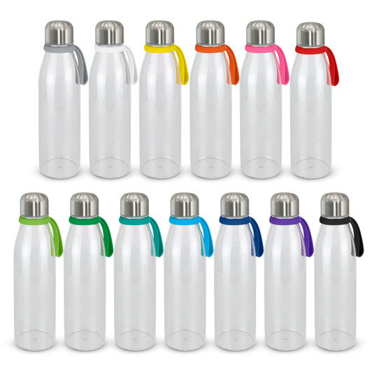 A drink bottle collection featuring transparent bodies with various coloured silicone grips and stainless steel lids.