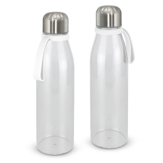 A drink bottle featuring a transparent body and silver metal lid, with a white handle on each bottle.