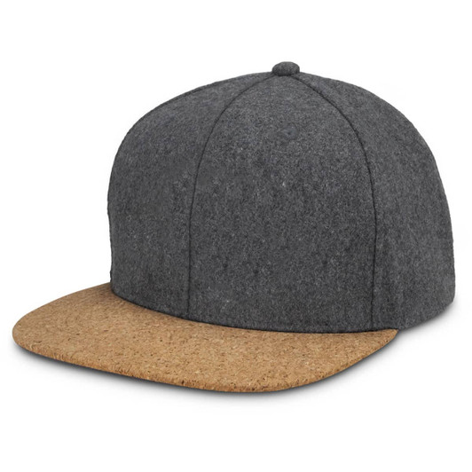A grey cap with a cork brim and a logo on the front. The fabric has a textured appearance.