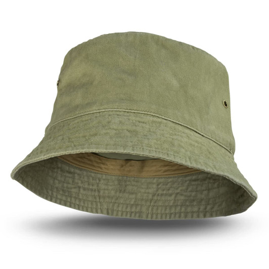 A faded olive green bucket hat with a wide brim and two ventilation holes. The interior features a contrasting lining.
