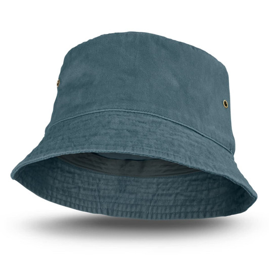A faded teal bucket hat with a wide brim, featuring two metal eyelets and a textured finish.