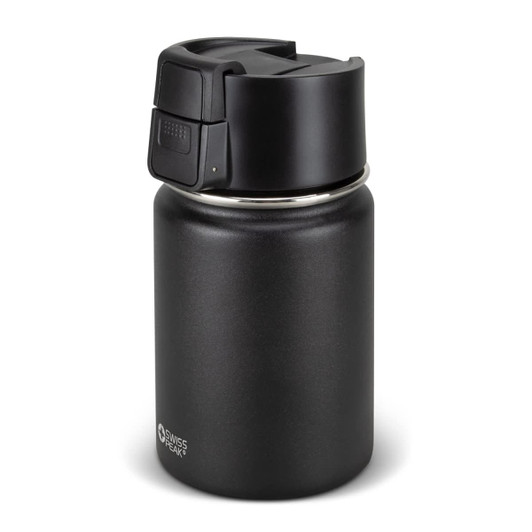 A drink bottle in matte black with a secure lid and a logo at the base. Ideal for keeping beverages hot or cold.