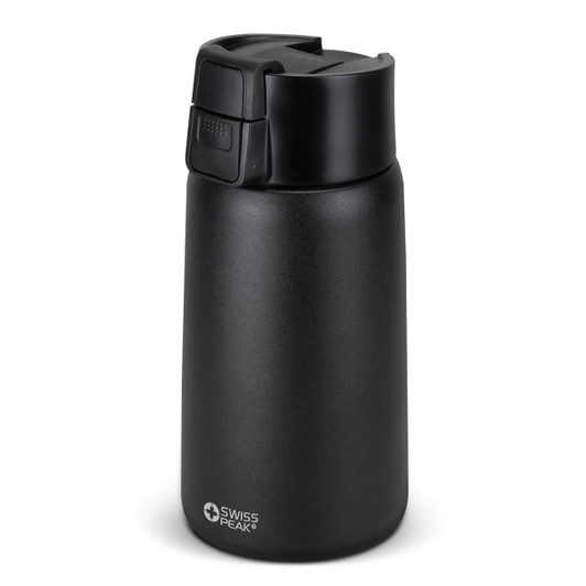 A drink bottle with a sleek black exterior, featuring a secure lid and a small logo.