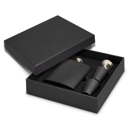 A black hip flask gift set in a sleek box, featuring a flask and two stainless steel pour tops.