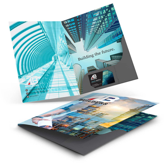 A4 presentation folder with a teal and grey design, featuring architectural images and a logo.