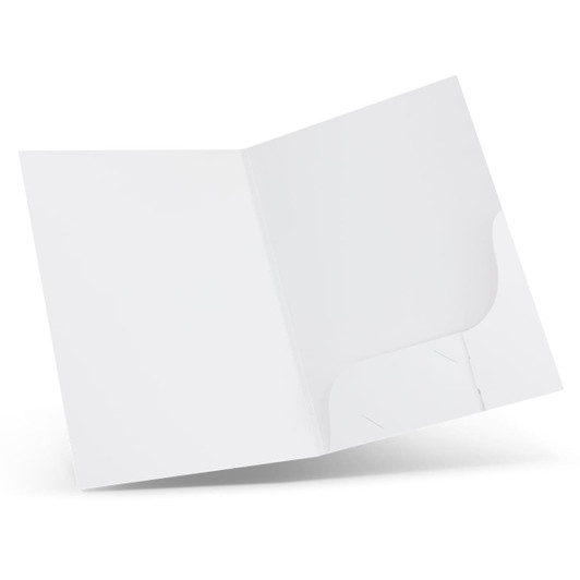 A white A4 presentation folder with a spine and internal pockets, featuring a minimalist design and branding.
