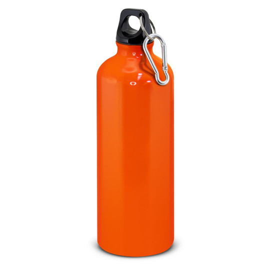 A drink bottle with a glossy orange finish and a black top, featuring a carabiner attachment.