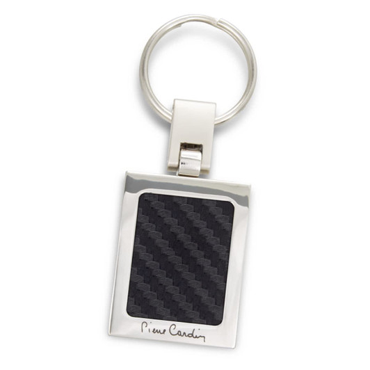 A silver key ring with a rectangular carbon fibre insert and a logo. The key ring features a polished finish.