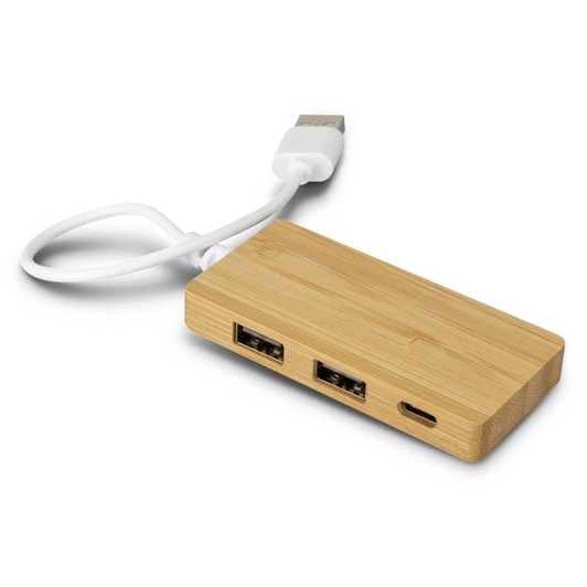 A bamboo USB hub with two standard USB ports and one USB-C port, featuring a white connecting cable.