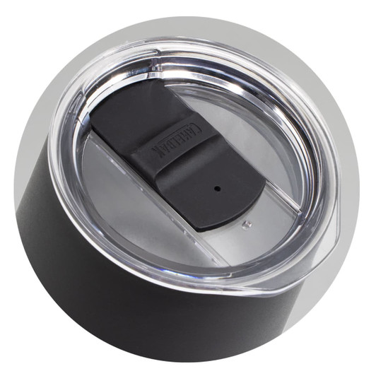 A drink bottle featuring a black stainless steel body and a clear lid with a black sliding opening.