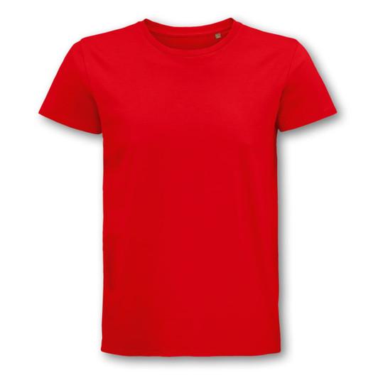 A red organic T-shirt with a crew neck and short sleeves, featuring a branding logo.