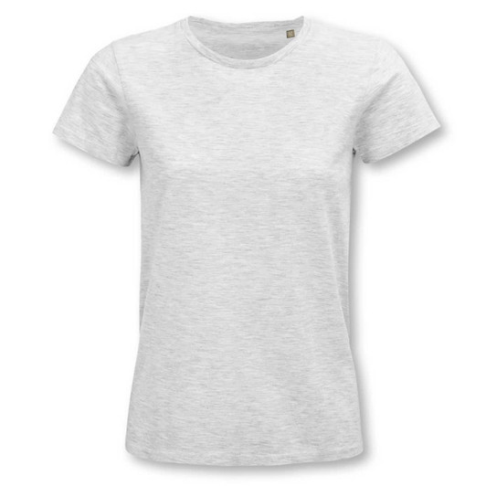 A light grey women's organic T-shirt with a round neckline and short sleeves, featuring a logo.