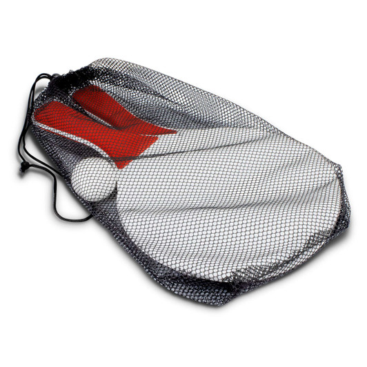 A mesh bag containing two paddle rackets with red handles and a white ball.