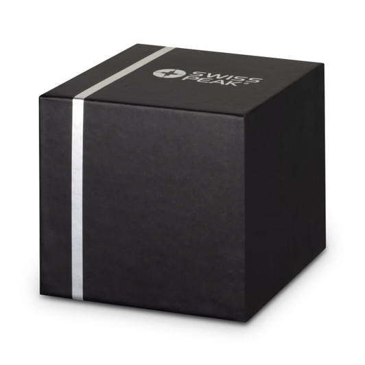 A black gift box featuring a logo, intended for the Swiss Peak Bass Speaker product.