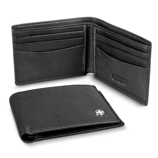A black Swiss Peak anti-skimming wallet with multiple card slots and an interior compartment. Features a logo.
