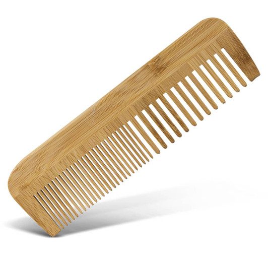 A bamboo hair comb with a smooth finish and wide-toothed design, showcasing natural wood tones.