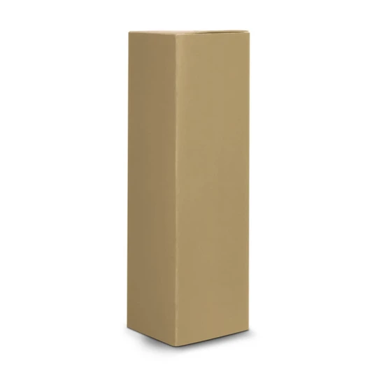 A tall, brown cylindrical product packaging with a plain design, featuring a logo.