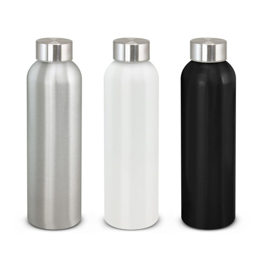 A drink bottle trio featuring aluminium in silver, white, and black, each with a stainless steel cap and a logo.