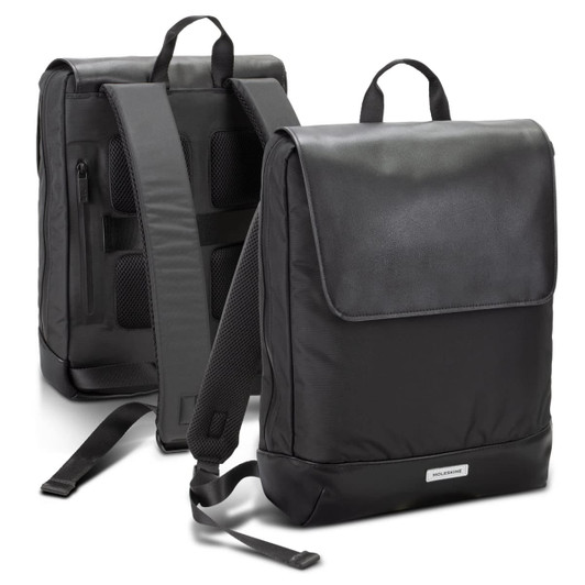 A black Moleskine Metro Slim Backpack featuring a minimalist design, padded straps, and multiple pockets.
