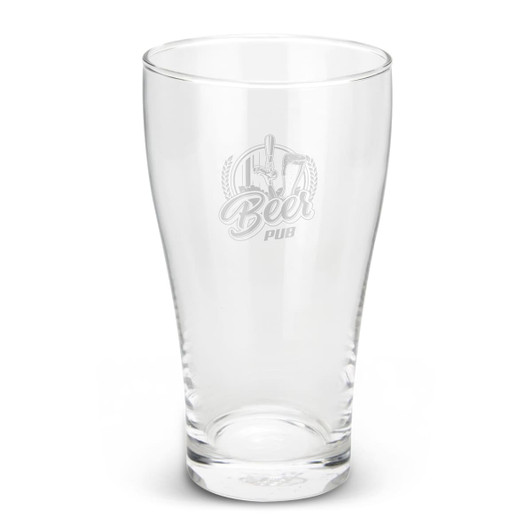 A clear glass schooner beer glass with an etched design and a branded logo at the top.