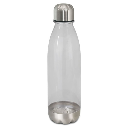 A drink bottle featuring a clear body with a stainless steel base and a silver top, showcasing a sleek design.