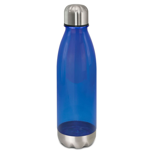 A drink bottle with a translucent blue body and a stainless steel base and cap, featuring a logo.