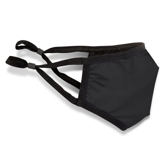 A black reusable cotton face mask with adjustable straps and a structured shape. It features a logo.