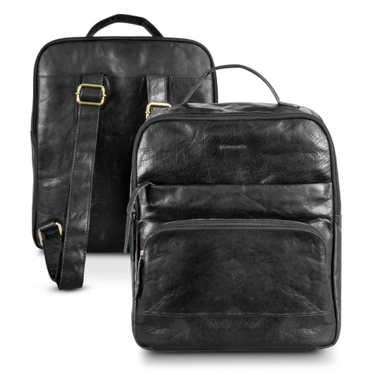 A black leather backpack featuring adjustable straps, multiple compartments, and a top handle, with a logo on it.