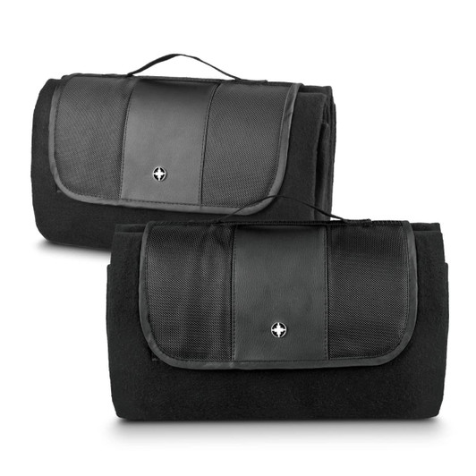 A black picnic blanket with a foldable design and a leather-like flap, featuring a logo on the front.