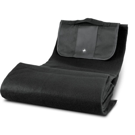 A black picnic blanket made of soft material, featuring a fold-over flap and logo.