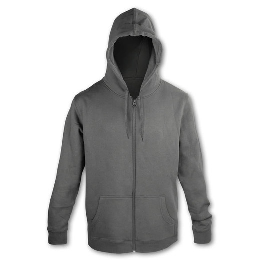 A unisex hoodie in dark grey with a zip front and a hood, featuring pockets and long sleeves.