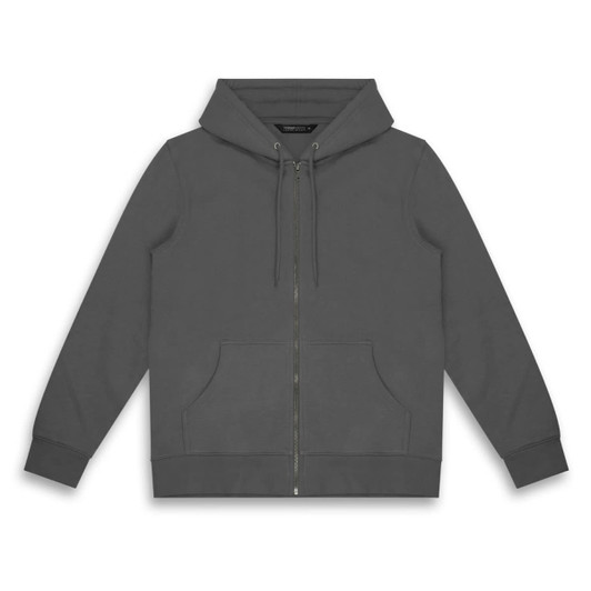 A grey unisex hoodie with a front zipper, drawstring hood, and two side pockets. It features a logo on the design.