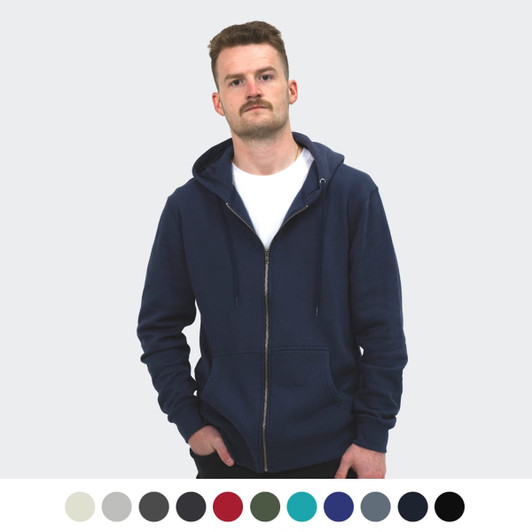A unisex navy hoodie with a zipper and hood, displayed by a model against a neutral background.