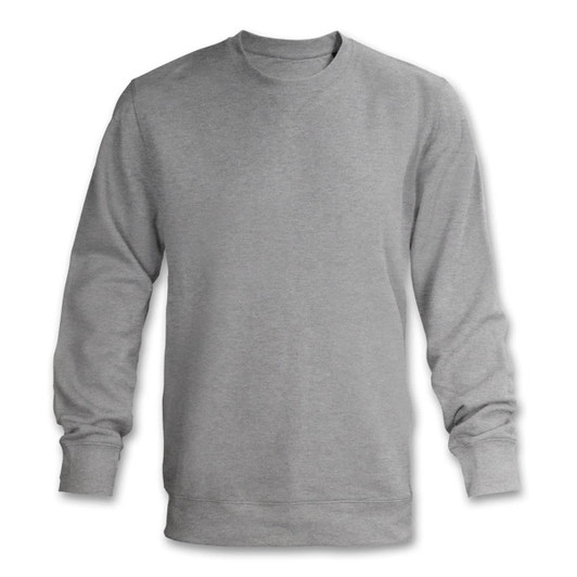 A grey unisex sweatshirt featuring long sleeves and a rounded neckline, with a logo on the front.